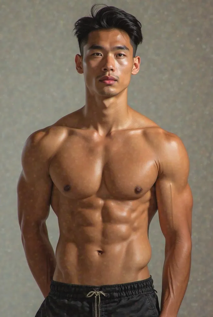 Create an image of a handsome man, similar to a Thai man, without a shirt and with a filling on his stomach.