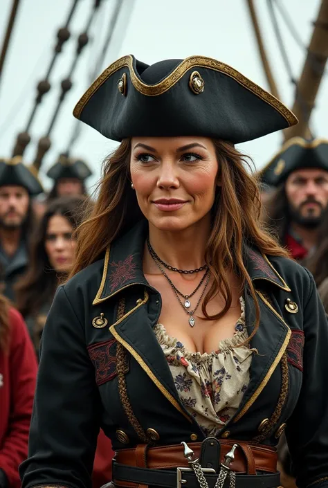 The legendary female pirate、45 years old、has a sexy and strong spirit、Strong Eyes 、grins and smiles、has strong friends standing behind her