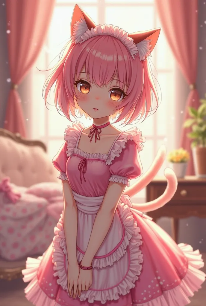 Anime cat girl with hair half pink and half blond using pink maid dress with age