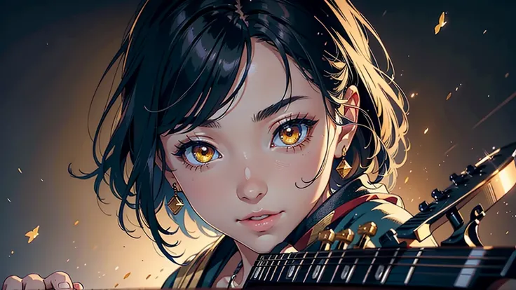 girls,  white hair, yellow eyes,  Black Skin , I'm wearing a traditional Japanese coat,  good anatomy, Playmaster, detailed face, Japanese style background、 is playing an electric guitar