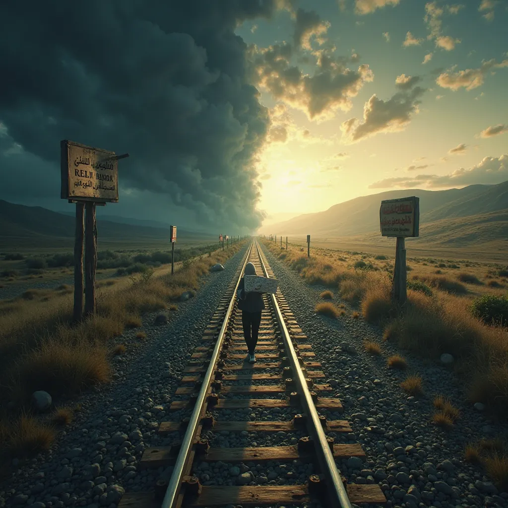 A long railway track that extends to the horizon. To the right, an illuminated and peaceful landscape, with a clear path that represents the guide of Islam.  On this path , there are signs with inscriptions in Arabic which represent the Quran and the Sunna...