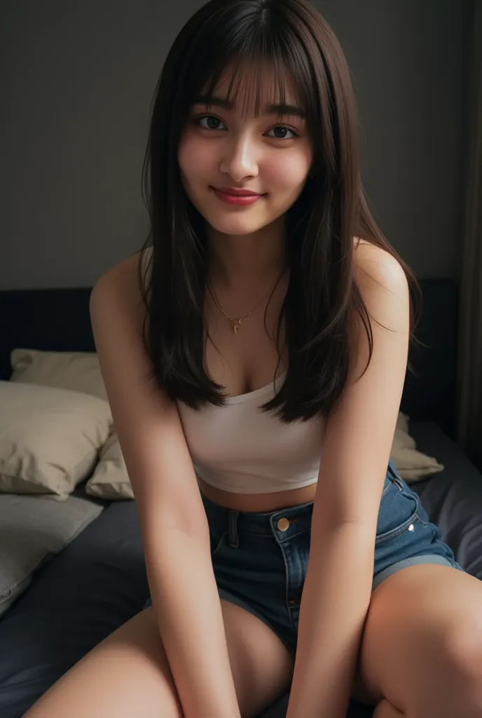 Amateur shot, a POV of an Instagram selfie. A woman with long, straight black hair and bangs is sitting comfortably on a bed, surrounded by cushions in a dimly lit student room. She is wearing a white crop top and denim shorts. Her pale skin contrasts agai...