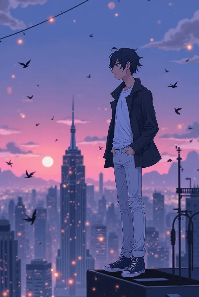 A anime boy  is  standing in a top of building. Bule violet blend sky,some more buildings are is in city. Boy weared a White t- shirt, dark bule shirt as overcoat, white pants, some small lights. Crows as small lines. Boy's eyes is blue, and hair dress is ...