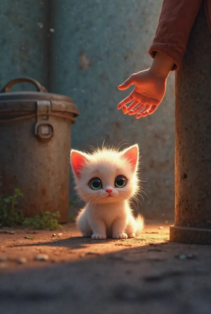 A heartwarming animated scene in the style of Pixar: A **cute, white kitten** with large, expressive eyes, soft fluffy fur, a tiny pink nose, pink inner ears, and delicate whiskers sits in a dimly lit alley beside a weathered metal container. The kitten lo...