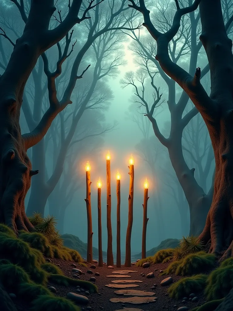 6 wooden wands, tarot card, nine of wands, dramatic lighting, fantasy landscape, cinematic atmosphere, dramatic foreboding sky, ancient mystical forest, power, 4k, highly detailed, photorealistic, professional, studio lighting, physically-based rendering, ...