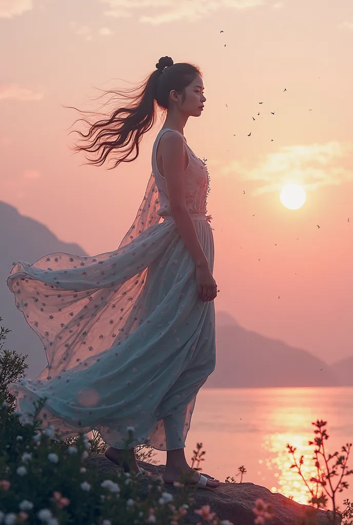 runs away from the mountain High quality,  8K Ultra HD, Прекрасная double exposure, that combines the silhouette of a goddess and the sunset on the coast, , the sunset coast should serve as a background, with its details,  incorporated into the silhouette ...