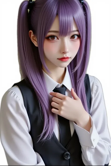 1 girl, Alone, bangs, , puts your hand on your chest,  Jill Stingray, long sleeve, viewers, purple hair, medium chest, tie,  shirt, Alone, upper body, vest,   bartender , vest, white  shirt,