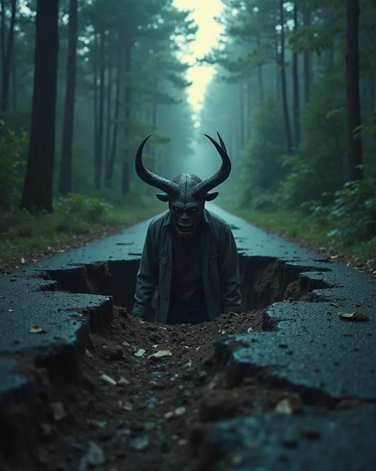 Realistic photograph of a real moment, Where a zombie begins to emerge from the ground of a dark forest, low lighting, The beginning of its horns and head appears in the midst of precisely a hole forming on the forest road where it is emerging. Focus is on...