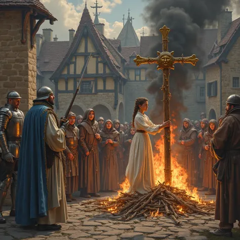 “Create a highly realistic historical scene depicting the execution of Joan of Arc at the stake, set in medieval France of the 15th century. The composition should focus on a young girl dressed in a white robe, tied to a pole of wood on a pile of burning w...