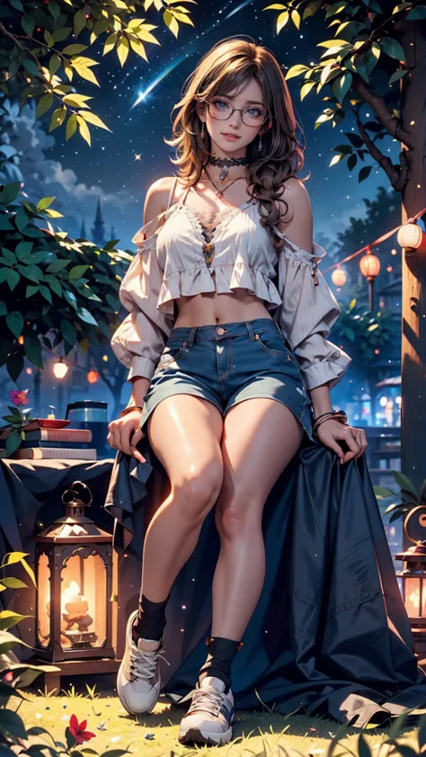  Sitting on the grass and reading a book, Long black curly hair, glasses, A delicate smile,  light brown eyes ,  look up at the sky,  lamp light, full body, Under a giant tree, Vision, Tent in the background, starry sky, Illuminated night, Photo Effects, 8...