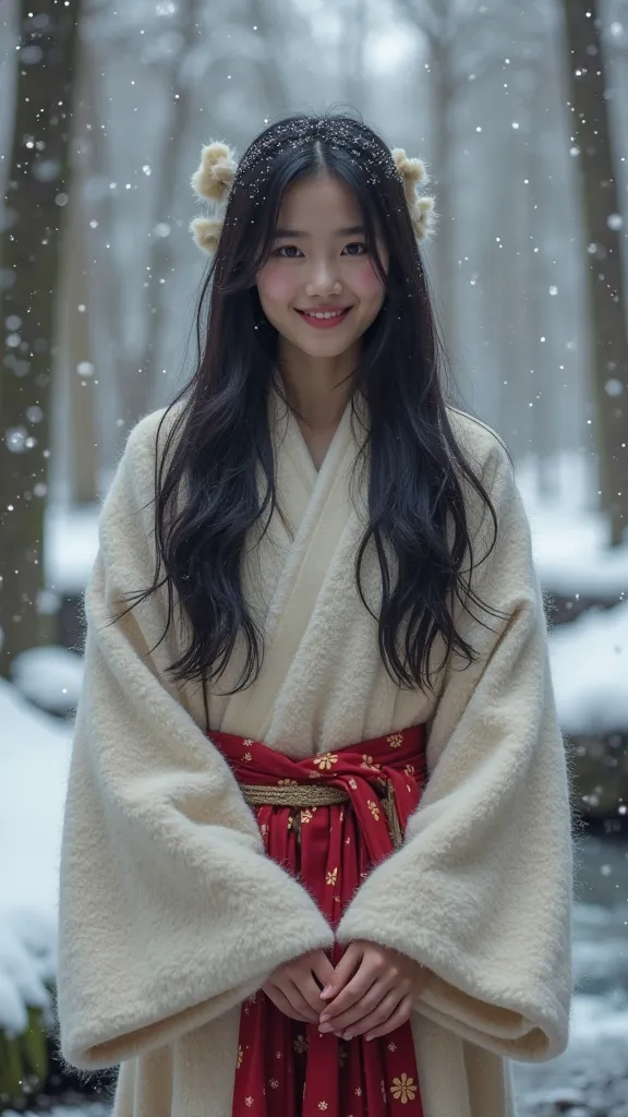  High quality. A real Oriental Japanese girl with 18 years old with beyond floor length black hair and see her "whole" body wearing thick lambswool traditional Wafuku standing nearby hot springs inside the forest, must see her whole body. The scenario of f...