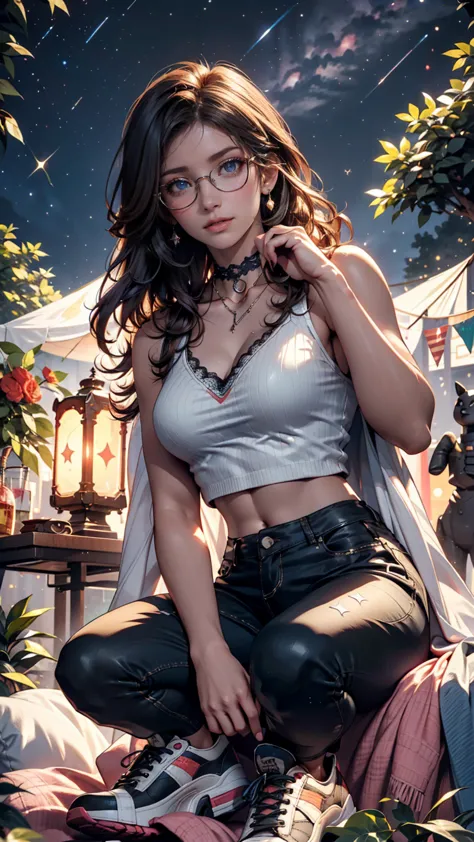  Sitting on the grass and reading a book, Long black curly hair, glasses, A delicate smile,  light brown eyes ,  look up at the sky,  lamp light, full body, Under a giant tree, Vision, Tent in the background, starry sky, Illuminated night, Photo Effects, 8...