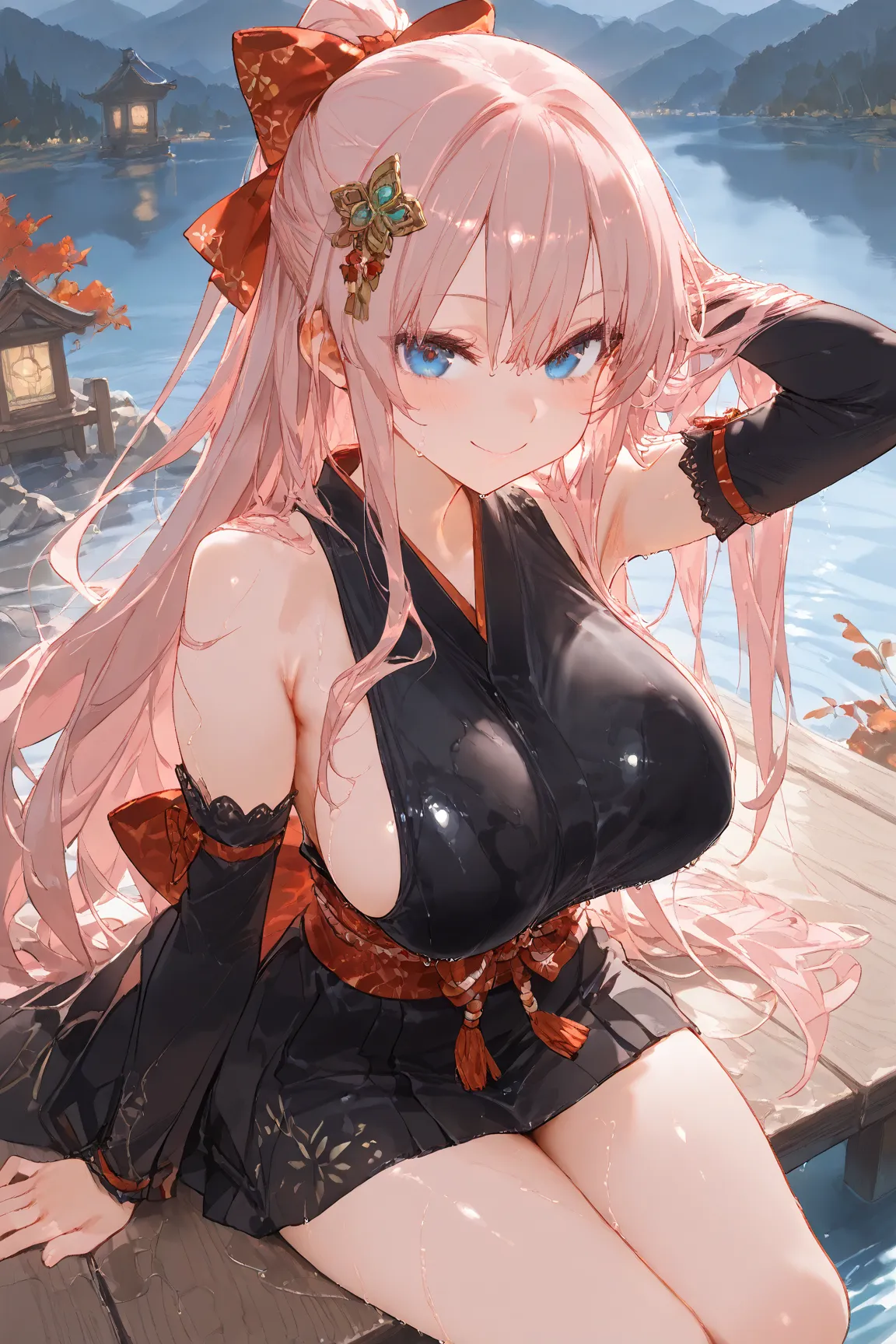  show me your armpits,wet skin,Chest Valley,masterpiece, highest quality, High Resolution, lake 3 , one girl, alone, lake 3 , pink hair near MM, Short  kimono, blue eyes, hair ornaments close to the garden, very long hair, black sleeve, sleeveless,  kimono...