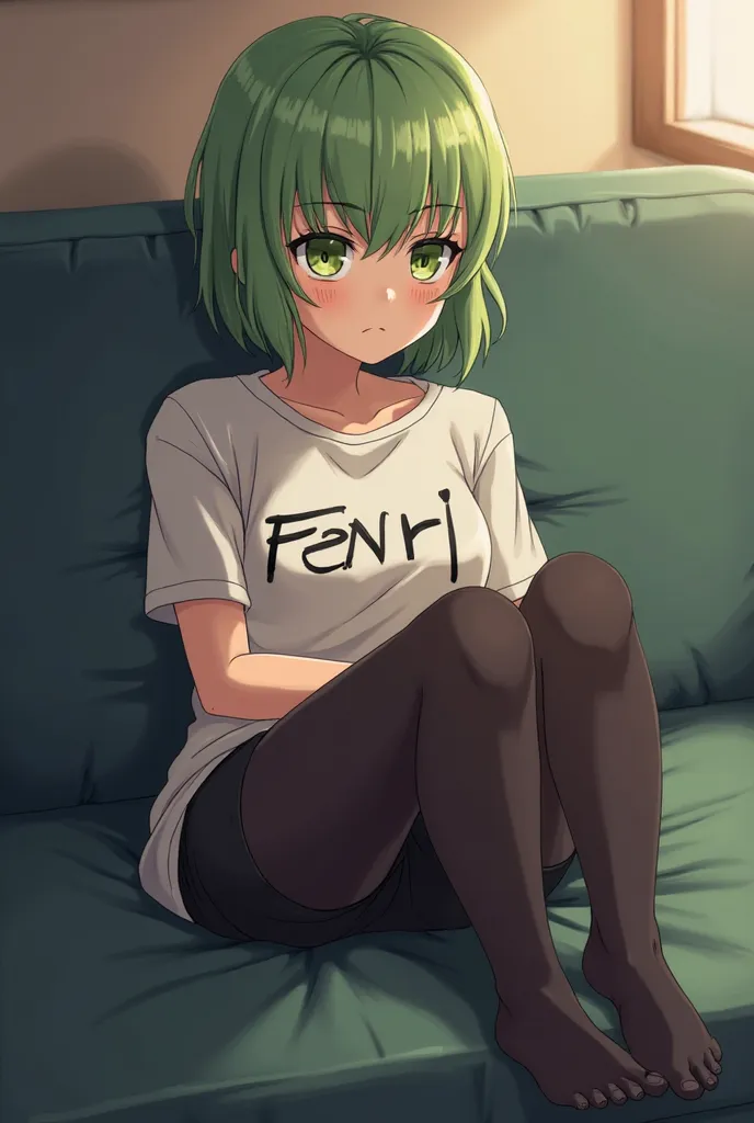 Tatsumaki from the anime one patchman sits on the couch, with stockings in a T-shirt with the Fenrir lettering, legs bent 