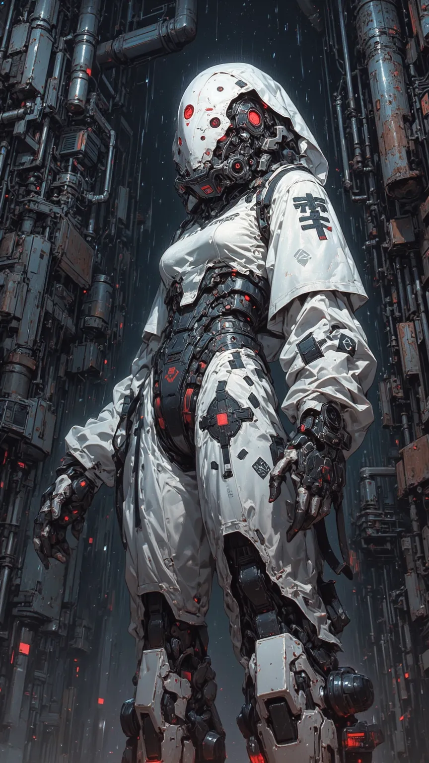 Futuristic Robot Watercolor,Metal Body Shattered White Cloth Covered in Rain,Dangerous Red Eye,Bright Round Light,Low Angle Strong Sense of Presence,Dark Industrial Background Imminent Danger,Dramatic Rage Unusual Atmosphere,Highly Realistic 4K,Extreme Det...