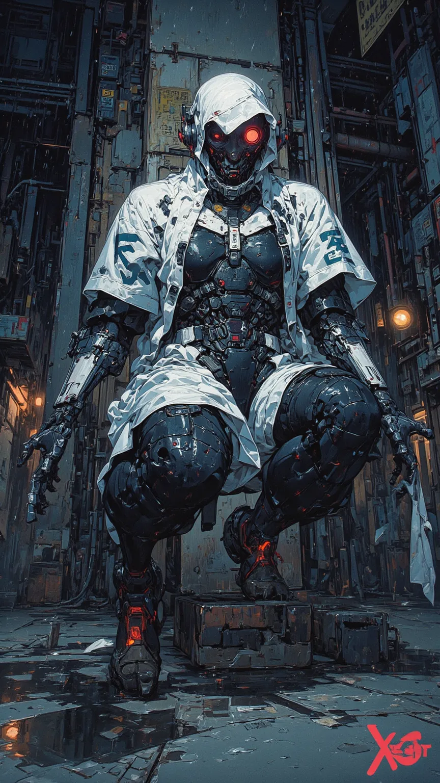 Futuristic Robot Watercolor,Metal Body Shattered White Cloth Covered in Rain,Dangerous Red Eye,Bright Round Light,Low Angle Strong Sense of Presence,Dark Industrial Background Imminent Danger,Dramatic Rage Unusual Atmosphere,Highly Realistic 4K,Extreme Det...