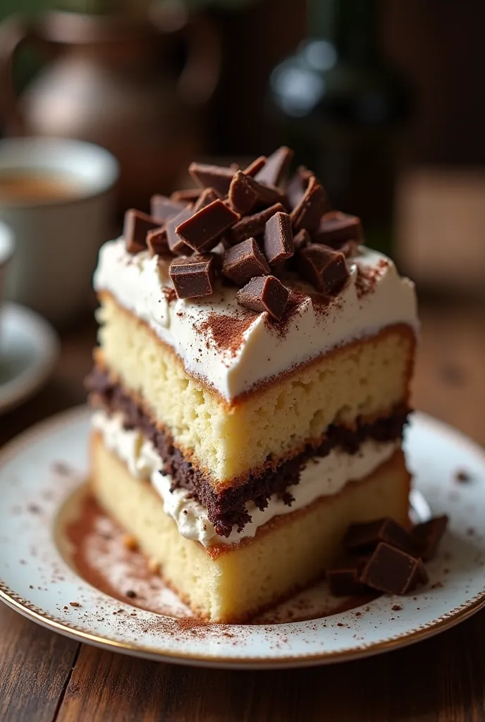 Create a French butter cake with heavy espresso cream, dark chocolate and cocoa