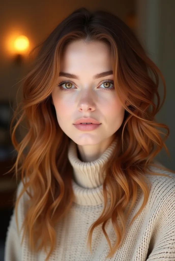 A lifelike image of a woman with hazel eyes and auburn hair, styled in loose curls. She wears minimal makeup and a cozy beige sweater. The background shows a softly lit interior, adding warmth to the scene.