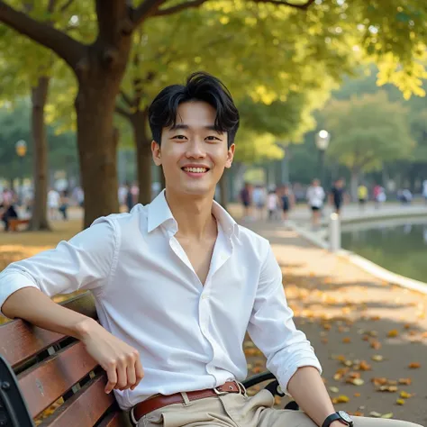 A 26-year-old South Korean man with neatly styled black hair and expressive dark brown eyes. He has a smooth, fair complexion and a warm, friendly smile. His facial features are sharp yet approachable, with a lean and fit physique. He is dressed in a casua...