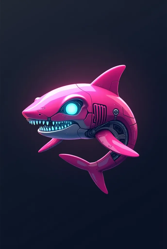 "Design a logo featuring a hybrid character: a pink shark fused with an android. The shark has a sleek, streamlined body with a vibrant pink color, metallic fins with a futuristic sheen, and glowing cyan eyes to emphasize its robotic nature. Its jaw is sha...