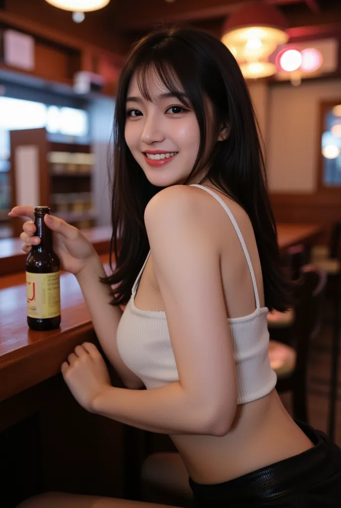 style is good　miniskirt　night　Beer 　smile　selfie　Japanese woman　black hair semi-long　 has bangs　