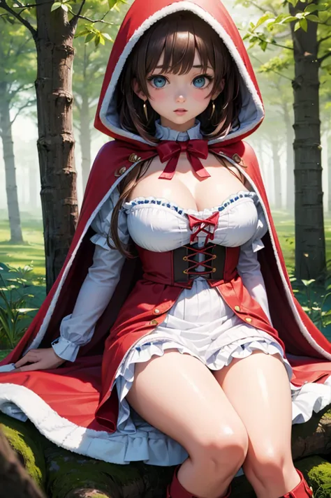 A beautiful girl in a red cape walking in a forest, anime girl, 1 girl, (20 years old girl), (aged up), forest, wolf, (wolf in background), dynamic angle, dark brown wavy hair, long bangs, aquamarine eyes, bright eyes, (realistic eyes: 1.2), (beautiful eye...