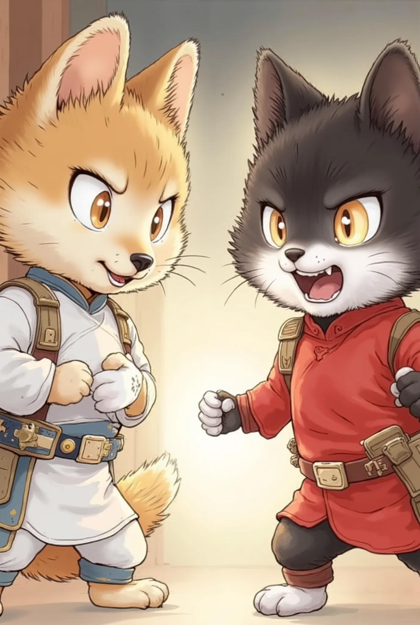 ( CUTE DOG AND CAT FIGHT , Shiba Inu in a white battle suit ,  Black cat in a red battle suit),  DOG CAT CHARACTERS , (BEAUTIFUL KEMONO ,  small face, Beautiful fur,  angry face,  mouth), Beautiful and shining eyes,  FURRY CHARACTERS,  very detailed目と顔,  l...