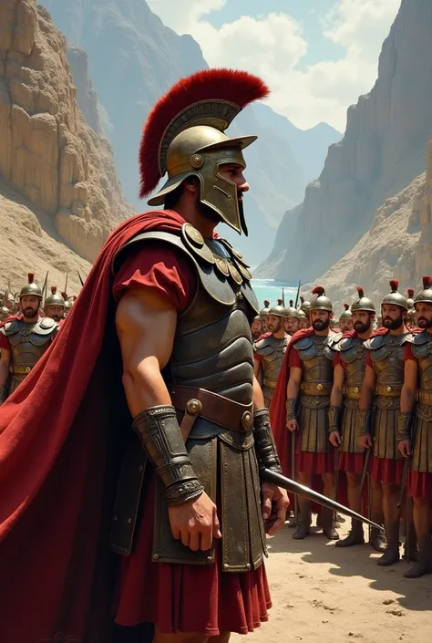 An ancient Greek landscape. A stern King Leonidas in a helmet and armor stands with his 300 Spartans, shoulder to shoulder, ready for battle. Mountains and the narrow pass of Thermopylae are visible in the background.