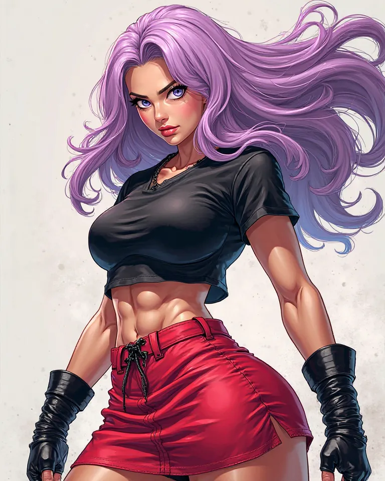 Muscular woman in punk clothing, bright lilac hair, heavenly eyes, intense red skirt,  black shirt, big ass, big chest, in action pose, dragonball z style