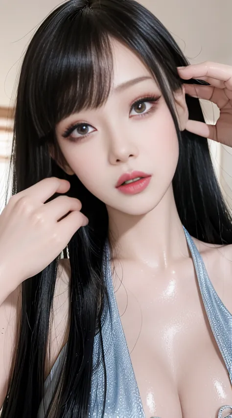 (【8k,  original photo, Realistic:1.25), (Lip Gloss, eyelashes, Glossy, shiny skin, Best Quality, 超High Resolution, depth of field, Chromatic Aberration, corrosive,  Wide Light ,  natural shadow , Kpop idol)A beautiful kpop Idol woman,Face Close-up,Expresse...