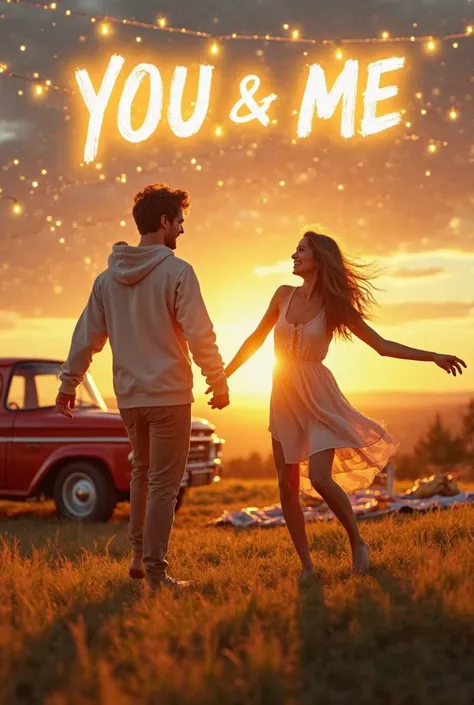 A vibrant, warm-toned thumbnail in 8K resolution. A young couple laughing and dancing barefoot on a grassy hill at **golden hour**, holding hands under a sky filled with **twinkling string lights**. The guy wears a casual hoodie, the girl in a flowy sundre...