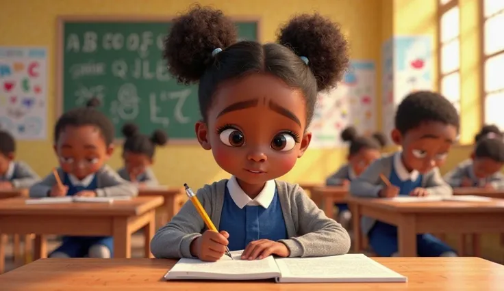 Aimee, a young African girl, around seven years old, sits nervously at her wooden desk in a bright and colorful classroom. Her natural hair is styled into two neatly tied pigtails, and she wears a blue dress with a crisp white collar and a grey cardigan. H...