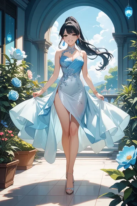 masterpiece, best quality, beautiful, woman, happy, smiling, walking, looking at viewer, long hair, ponytail, black hair, black eyes, pale skin, slim, dress, earrings, 20-year-old, in the lab, anime, full body shot, front view, blue hues