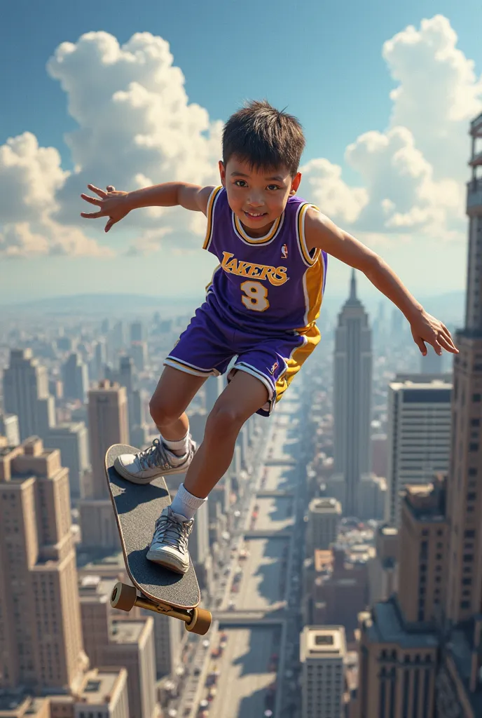 Make me a realistic style image of a boy riding a flying skateboard crossing the skies of a city, The boy must be dressed in the NBA Lakers jersey and with a saxophone clutched