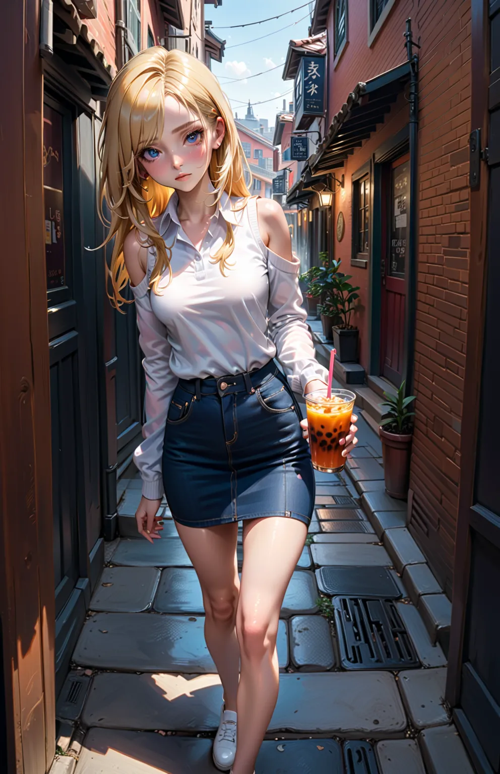  young asian-european woman, standing near direction sign pole, on the sidewalk in old town alley, (holding a cup of iced Thai tea), BREAK, {  long straight hair, (black hair, blonde streaked and hilighted hair, blonde ombre, multicolored hair) forehead}, ...