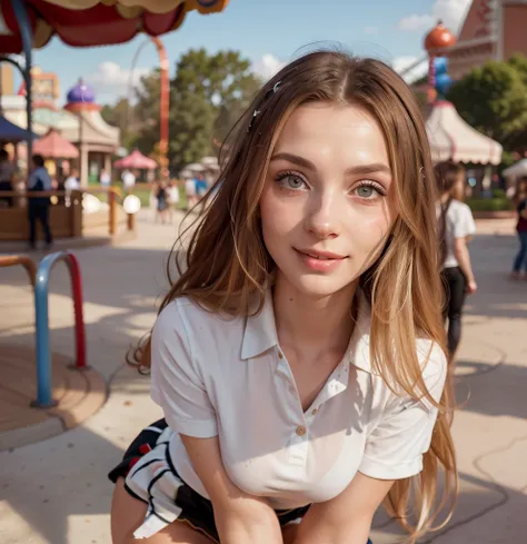 Beautiful woman, RAW photo, (( in amusement park: 1.3)),)), (Highly detailed skin: 1.5), Detailed eyes: 1.0, High quality lighting: 1.5, Beautiful, , polo shirt, pink pleated skirt, , Model legs: 1.5, (High class: 1.8), (Realistic: 1.4), (High quality real...