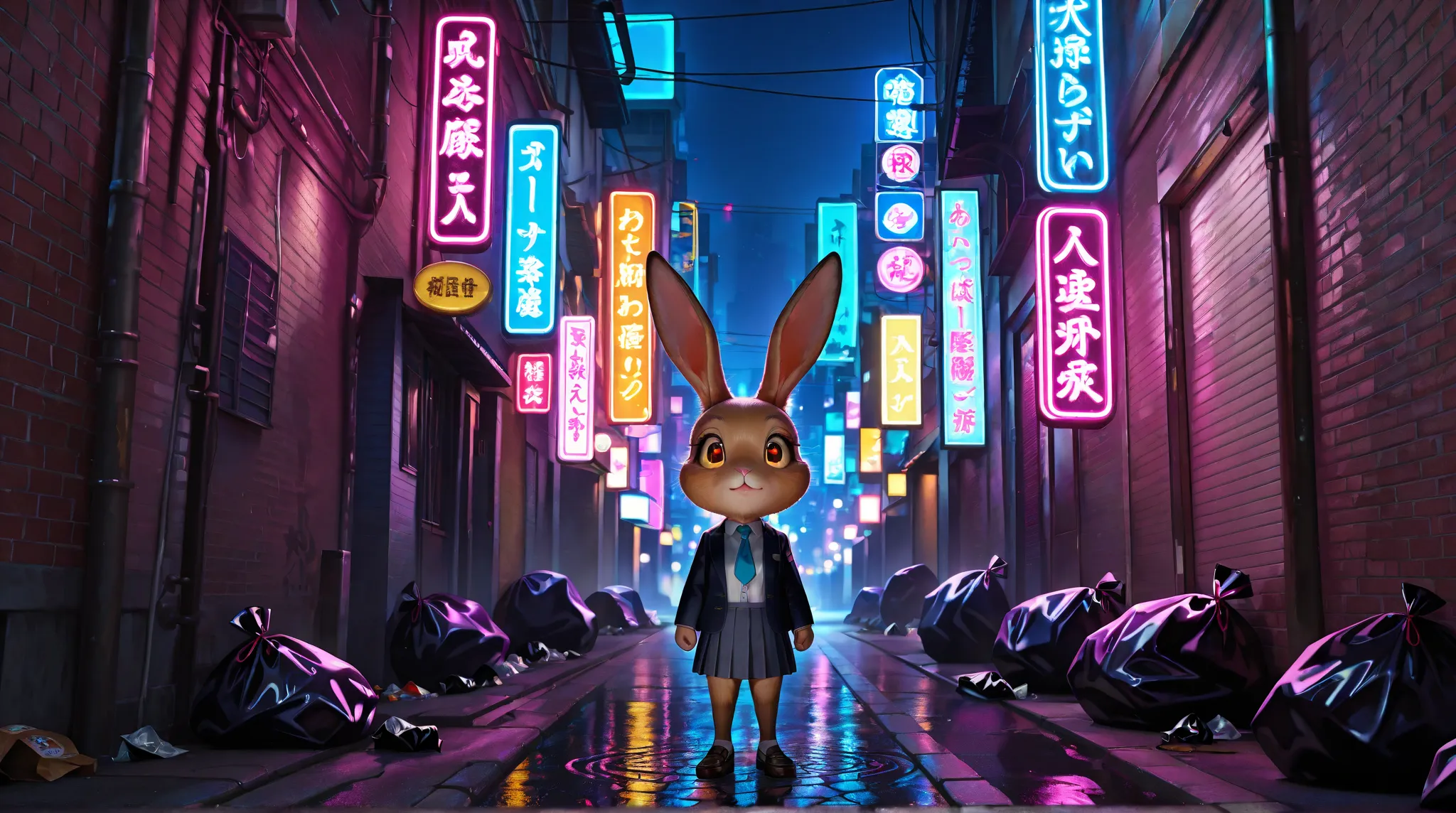 A highly realistic 3D rabbit walks on two legs like a human, moving through a dark urban alley at night. The rabbit has soft, detailed fur and expressive eyes. The alleyway environment is illustrated in a stylized, hand-drawn manner, with vibrant neon sign...