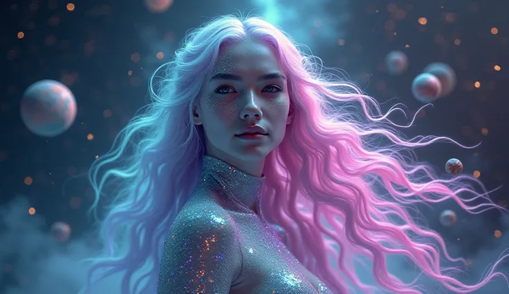 "A cosmic goddess with iridescent skin and flowing hair that transitions from teal to magenta, surrounded by holographic planets and vintage 80s-style grid patterns in a starlit void."