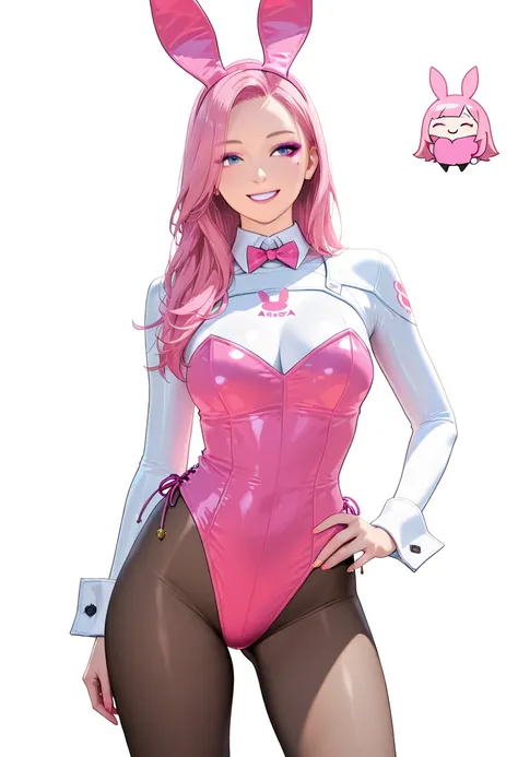 black tights、bunny girl,super realistic,high quality,Detailed,4K Rendering,white studio background with,Smiling face,makeup in a bodysuit and,Wearing the ears and tail of a, pink long hair,An attractive posture,white background,soft lighting,,Midea, pop,fa...