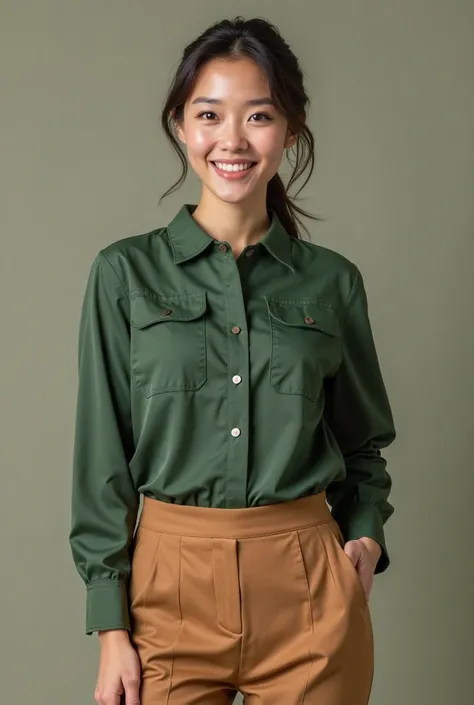 Can you generate a realistic image of a Restaurant Manager uniform? For men and women restaurant manager (colors: kombu green, moss green, tan) 
1. Button up long sleeves shirt (moss green). 
2. Vest (kombu green). 
3. pants/pencil skirt (tan)