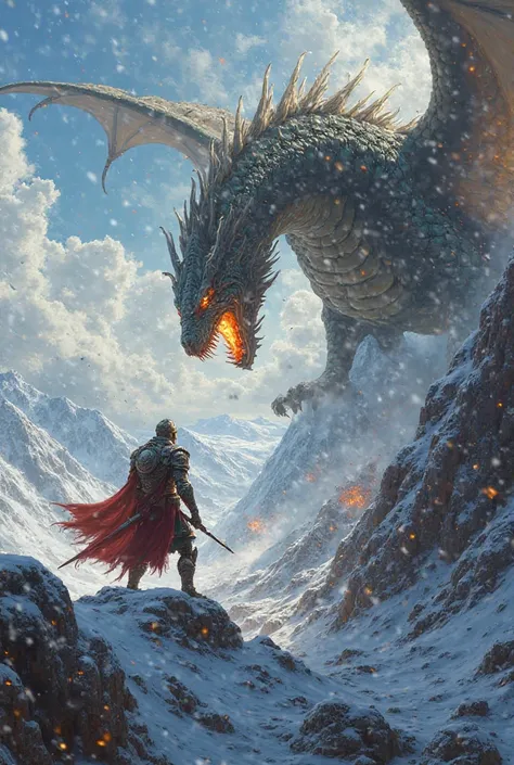 Guadrian warrior fighting a dragon on top of a mountain 