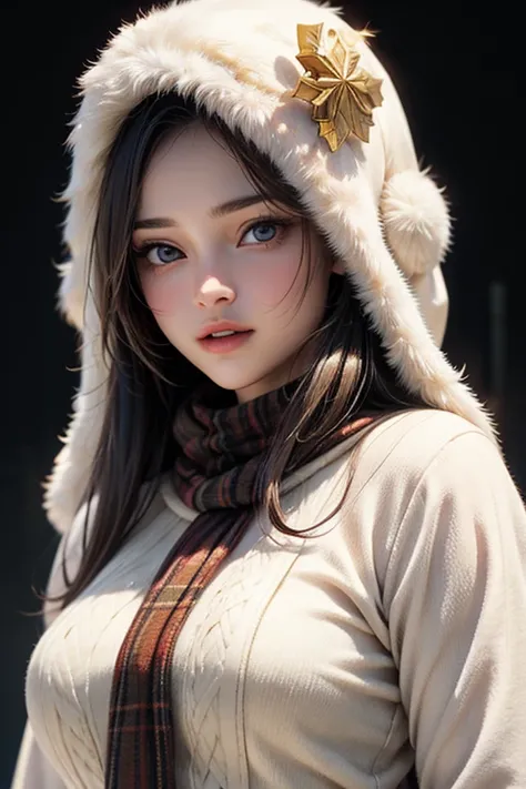 ((masterpiece)), ((highest quality)), ((complicated)), ((surreal)), (realistic), (mature woman), (( classes )), very well detailed, ( female 1 person),   Beautiful and Exquisite  , ( beautiful teeth ),  green, brown eyes, ((winter attire 1.3)), (upper body...