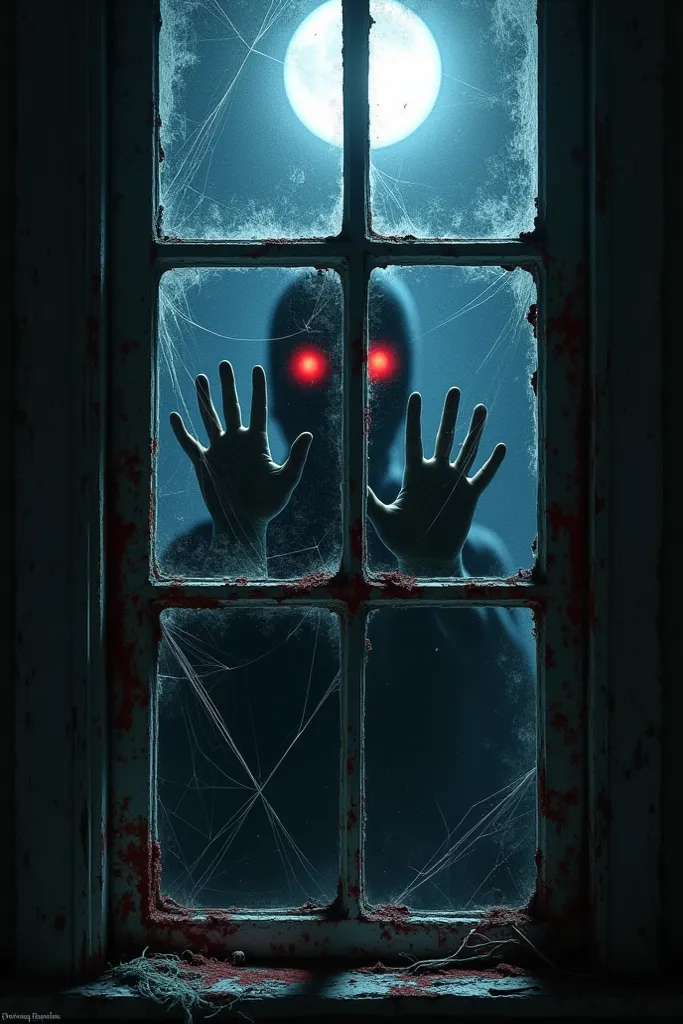 "Extreme close-up of a dusty, cobwebbed window at night. Behind the glass, glowing red eyes and shadowy handprints press outward. Moonlight casts silver streaks over the grimy panes. Ultra-detailed textures: spiderwebs, peeling paint, fingerprints on glass...