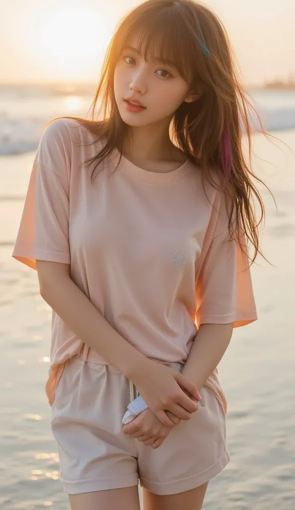 A beautiful so sexy Japanese woman, dark tan skin, wave spreading hair, sleek gold pink, blue and green hair, very small breasts, The facial expression shows a dazed expression, glamour, wearing very relaxed-fit wide-neck t-shirt, short pant, white shoes, ...