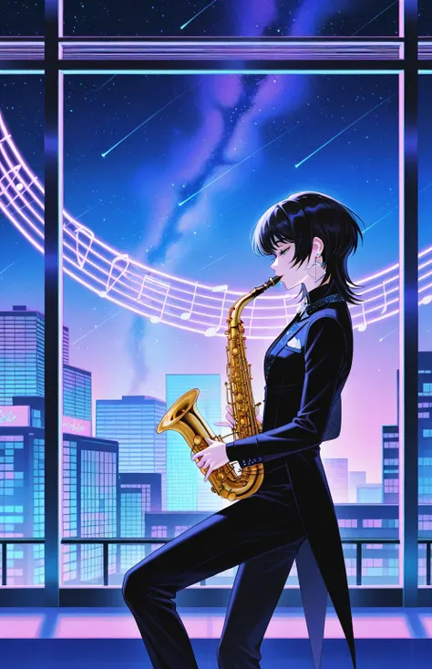 cool beauty, solo woman, black hair, wolf cut, slender body, half-closed eyes, starry sky  motif formal fashion, tailcoat , building atrium, feet out of frame, geometric, playing the saxophone, dynamic music’s rhythm , from side, vaporwave