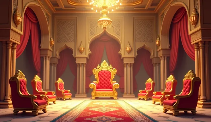 "A grand and majestic 3D animated cartoon-style royal palace (Mahal) room, designed for a king’s grand assembly. The room features high golden-domed ceilings, intricately carved pillars, and large arched windows draped with flowing silk curtains. The walls...