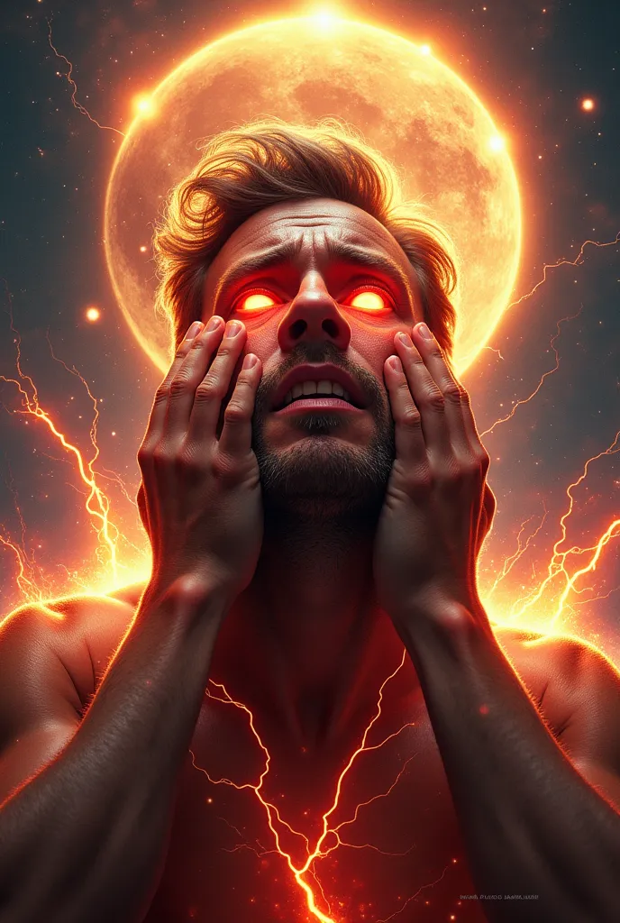 "A dramatic digital painting of a distressed man with glowing red eyes, energy cracks on his skin, and cosmic energy swirling around his head. The background features fiery solar flares, galaxies, and electrifying energy fields. High contrast lighting with...