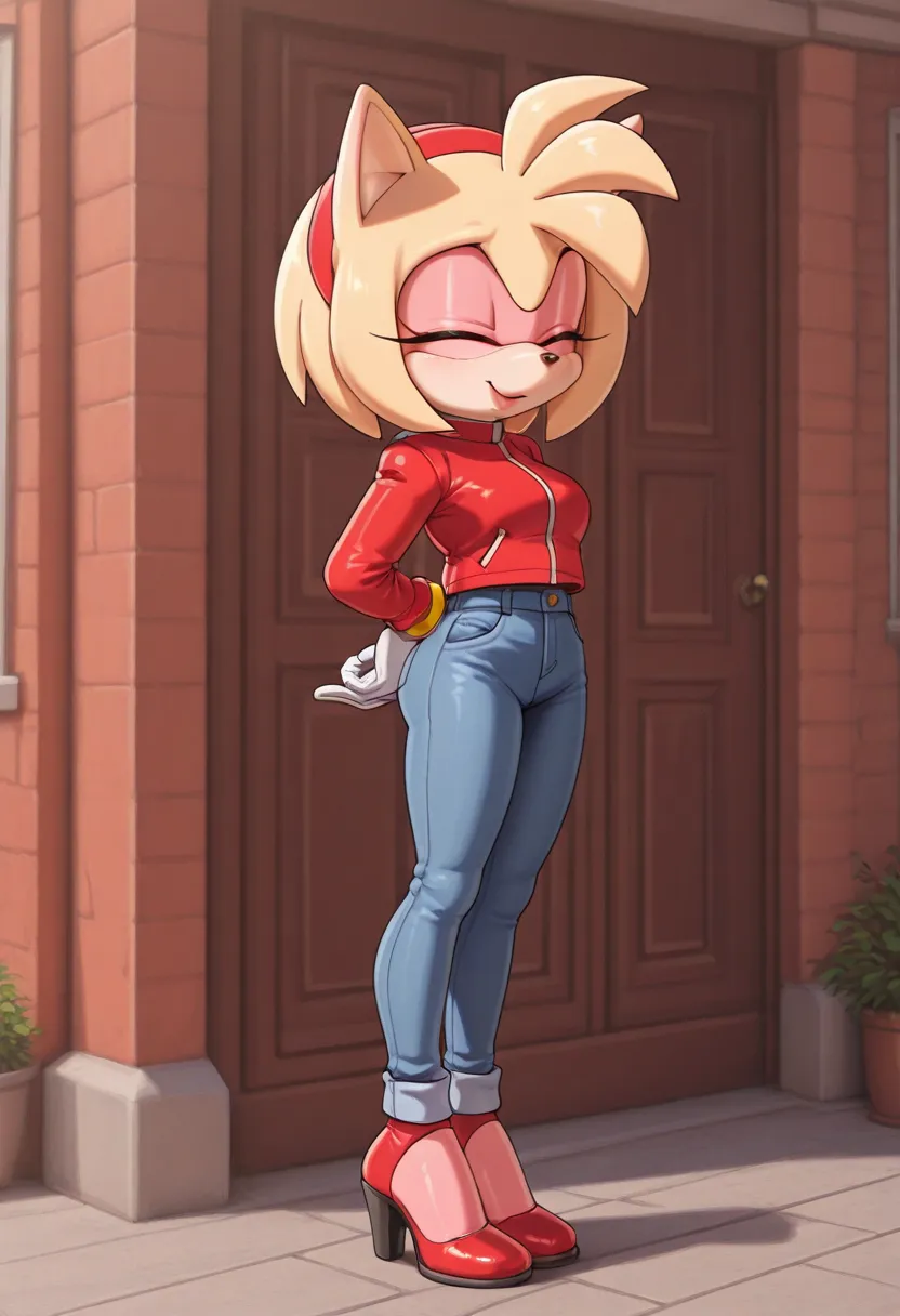 a woman wearing a red jacket posing for a photo wearing flares and high heels, solo, 1girl, pants, blonde hair, jacket, denim, jeans, closed eyes,amy_rose, furry female, furry, red hairband, 