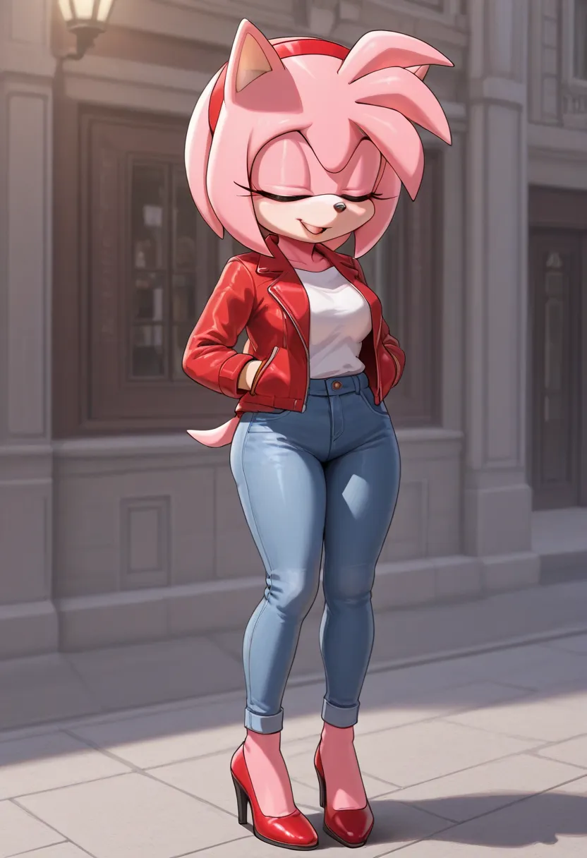 a woman wearing a red jacket posing for a photo wearing flares and high heels, solo, 1girl, pants, blonde hair, jacket, denim, jeans, closed eyes,amy_rose, furry female, furry, red hairband, 