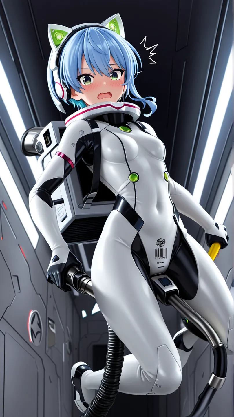 1girl,light blue hair,short hair,green eyes,solo,she in white sleek bodysuit with black joint and gray joint accents,floating midair in zero gravity,from front view, looking at the viewer with a flustered expression,open mouth,wide eyes,wearing cat-ear hea...